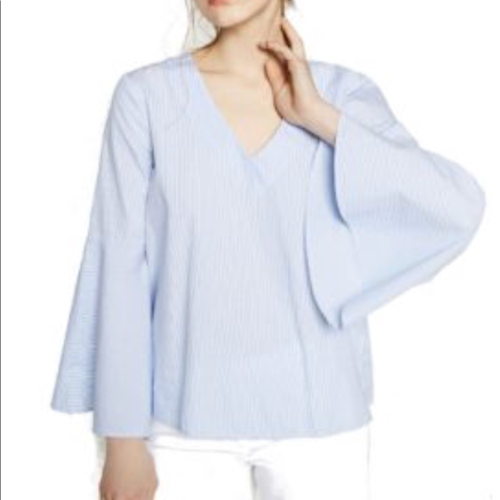Zara striped bell flare sleeve v neck shirt top - Picture 2 of 6